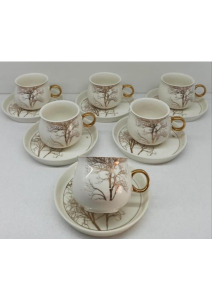 6 Kişilik Ağaç Desenli Porselen Kahve Fincanı Takımı Beyaz