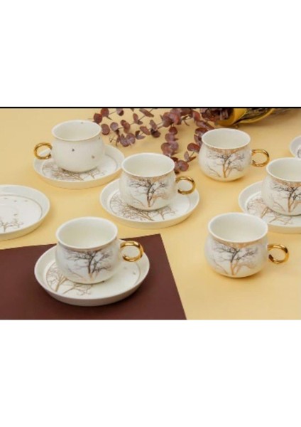 6 Kişilik Ağaç Desenli Porselen Kahve Fincanı Takımı Beyaz fiyatları