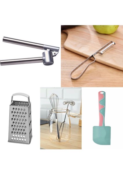 5'li Set Sarımsak Ezici Rende Spatula Soyacak Çırpıcı Hediye Paketli