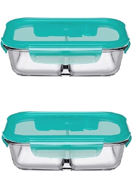 Iki Adet 600 cc Vakumlu Kapaklı 2 Bölmeli Saklama Kabı, Yeşil Renk
