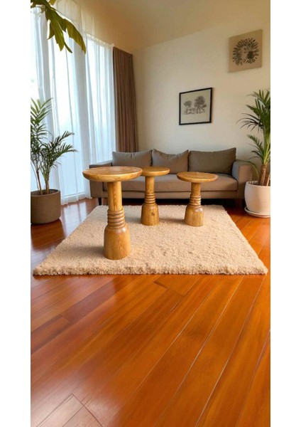 Masif Ahşap 3’lü Zigon Sehpa – Tik Renk Doğal Mantar Yan Sehpa Takımı