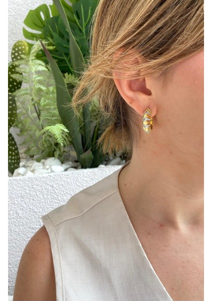 Özel Tasarım Zirkon Taşlı Şerit Yarım Gold Halka Küpe