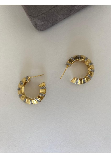 Özel Tasarım Zirkon Taşlı Şerit Yarım Gold Halka Küpe fırsatları