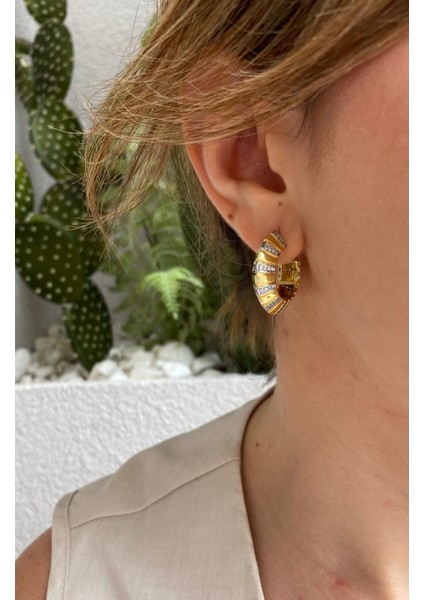 Özel Tasarım Zirkon Taşlı Şerit Yarım Gold Halka Küpe indirimleri