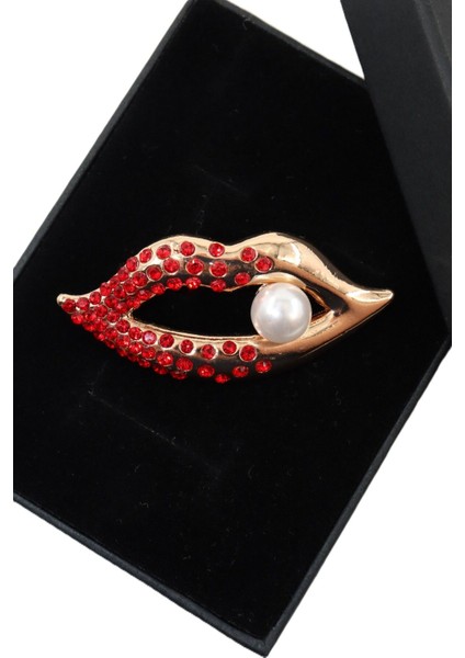 Incili Gold Lips Broş. Yaka Iğnesi Dudaklı Broş. Taşlı Tasarım Dudak Broş. Kadın Broş. Dudak Broş.