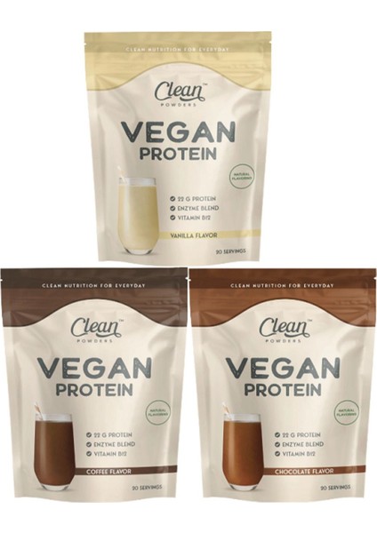 Vegan Protein 600 gr - Çikolata - Vanilya - Kahve 3'lü Set