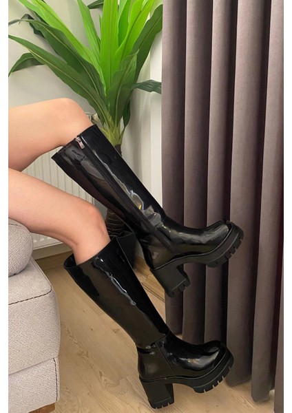 Kadın Oslo Siyah Rugan 8 cm Topuklu Yandan Fermuarlı Çizme indirimleri