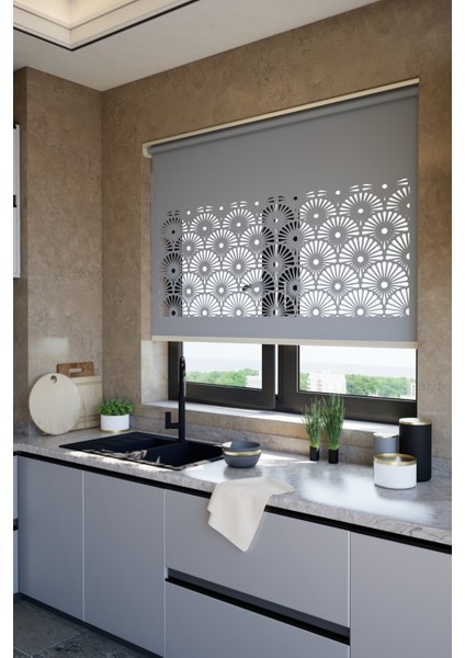 Lazer Kesim Mat Stor Perde, Lazer Kesimli Modern Serisi, M-121004 Antrasit Renk