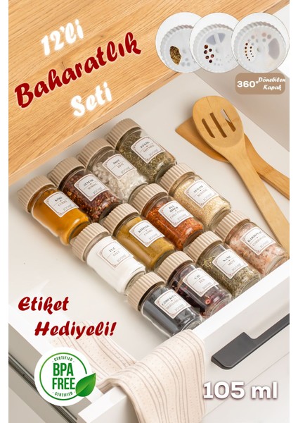 12'li Cam Döner Kapaklı Baharatlık Seti, Saklama Kabı Etiketli (105 Ml)