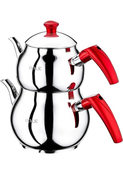 Paslanmaz Çelik 4 Parça Silindir Çaydanlık Takımı, Kırmızı Renkli