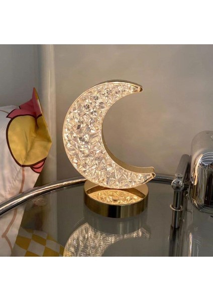Şarjlı Ay Kristal Elmas Masa Lambası, Dokunmatik, Akrilik, Led, Romantik Gece Işığı
