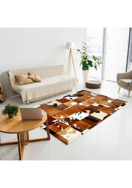 Kahve Tonlarında Dana Derisi Patchwork Halı – El Dokuma Hakiki Deri Lüks Koridor Halısı