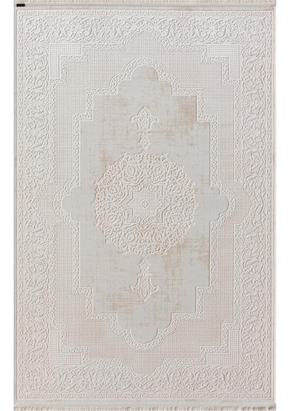 Truva TV001A Krem Halı Kenar Çerçeveli Göbekli Kalın Akrilik Tozuaz Modern Klasik Salon Halısı