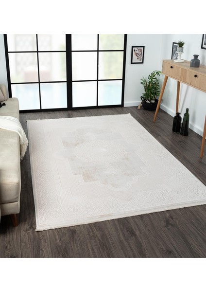 Truva TV001A Krem Halı Kenar Çerçeveli Göbekli Kalın Akrilik Tozuaz Modern Klasik Salon Halısı fiyatları