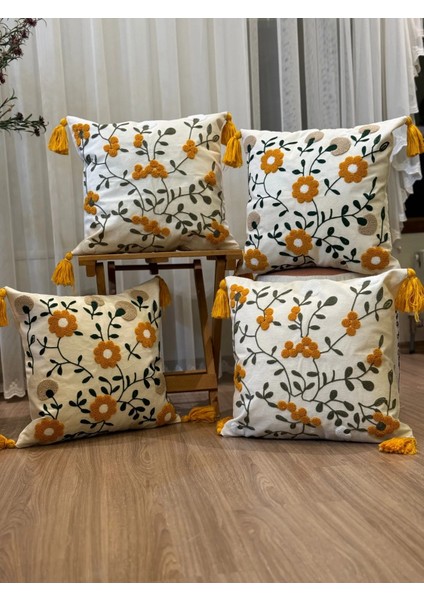 4'lü Punch Işlemeli Nakışlı Dekoratif Kırlent Kılıfı