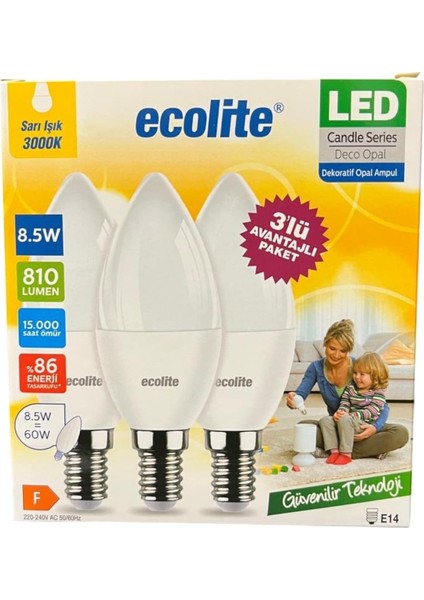 8.5W LED Mum Ampul - E14 Duy, 810 Lümen, 3000K Sarı Işık, 60W Eşdeğer, 3 Lü Paket, Opal Dekoratif Ampul, Dimmer Uyumlu Değil,%86 Enerji Tasarrufu, 99X37 mm (Sarı)