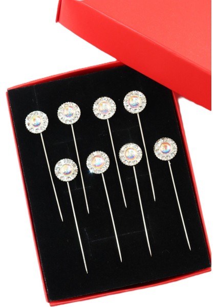 8’li Ekru Kristal Taşlı Eşarp Iğnesi. Şal Iğnesi. Türban Iğnesi. Başörtü Iğnesi. Eşarp ve Şal Iğnesi