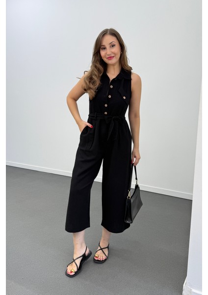 Myra Kahve Düğmeli Pamuk Keten Tulum