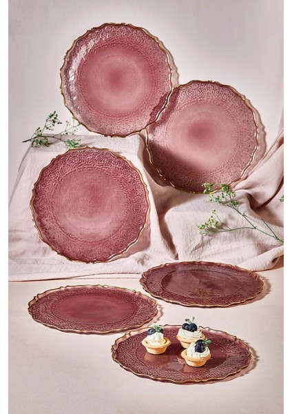 Mor 6'lı Goblen Pasta ve Tatlı Tabağı Seti, Şık ve Zarif Tasarım