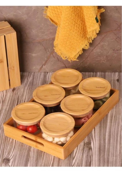 6'lı Bambu Kapaklı Cam Kahvaltılık Seti, 300ML, Şık ve Dayanıklı Tasarım