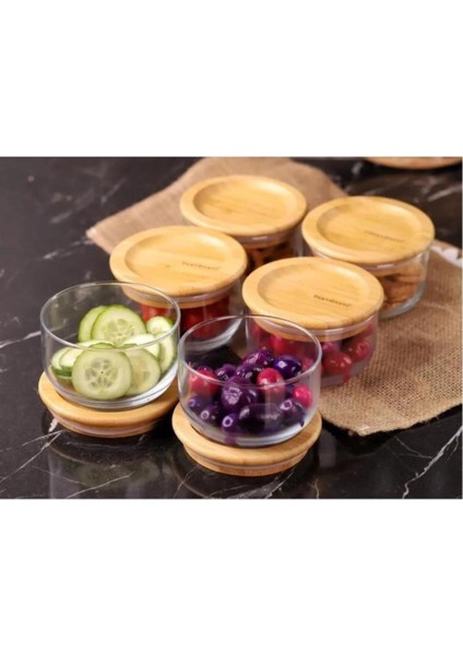 6'lı Bambu Kapaklı Cam Kahvaltılık Seti, 300ML, Şık ve Dayanıklı Tasarım indirimleri