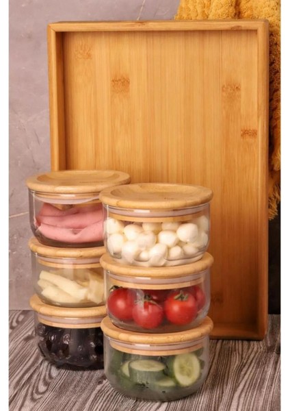 6'lı Bambu Kapaklı Cam Kahvaltılık Seti, 300ML, Şık ve Dayanıklı Tasarım