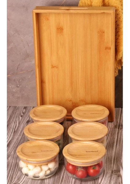 6'lı Bambu Kapaklı Cam Kahvaltılık Seti, 300ML, Şık ve Dayanıklı Tasarım