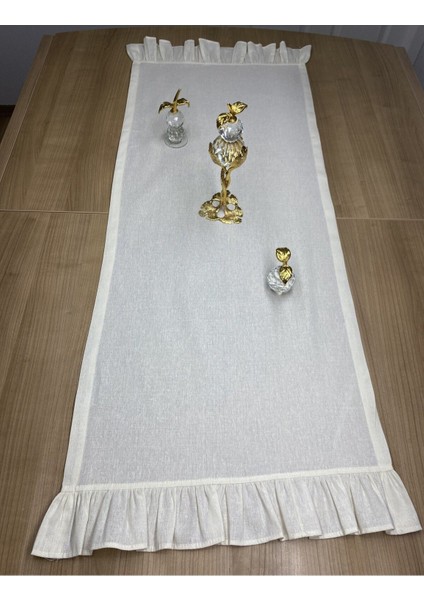 Bej %100 Pamuklu Ham Keten Kenar Fırfırlı Ev Runner 40X140 cm