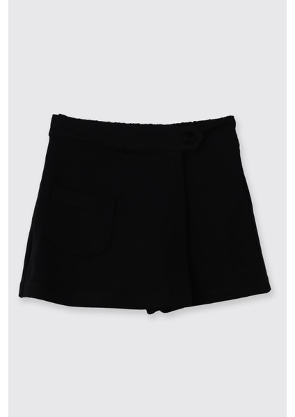 Kız Çocuk Cep Detaylı Beli Yarım Lastikli Siyah Şort Etek
