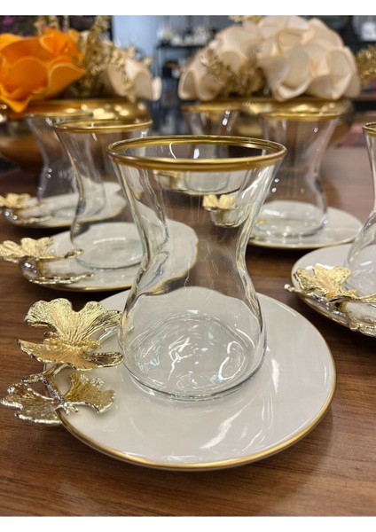 Kelebekli Çay Seti, Poeselen Tabaklı ve Bardaklı Şık Tasarım fiyatları