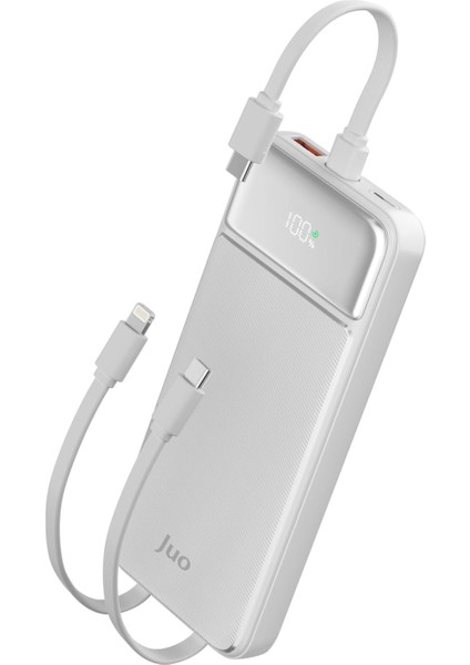 10000MAH 22.5W LED Ekranlı Lightning ve Type-C Kablolu Powerbank Taşınabilir Hızlı Şarj Cihazı Beyaz