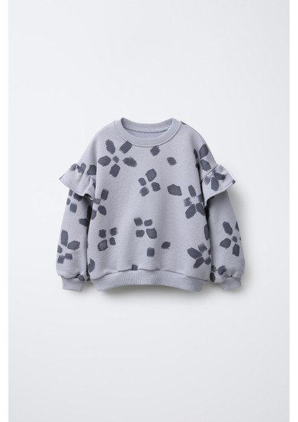 Kız Çocuk Pamuklu Gri Çiçek Desenli Sweatshirt ve Tayt Takım - Rahat Kesim, Fırfır Detaylı fiyatları