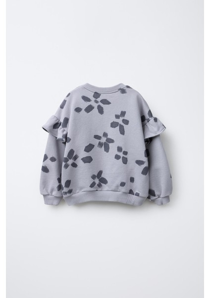 Kız Çocuk Pamuklu Gri Çiçek Desenli Sweatshirt ve Tayt Takım - Rahat Kesim, Fırfır Detaylı modelleri