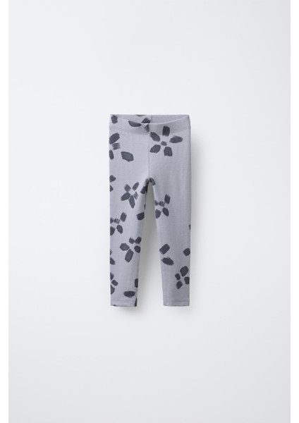 Kız Çocuk Pamuklu Gri Çiçek Desenli Sweatshirt ve Tayt Takım - Rahat Kesim, Fırfır Detaylı fırsatları