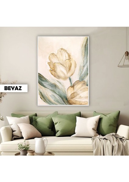 |soft Sarı Yeşil Lale Modeli Elegant |çerçeveli Temperli Cam Tablo Tekli Dikey