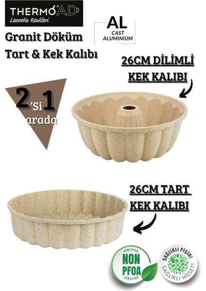 Alüminyum Döküm 2'li Dilimli ve Tart Kek Kalıbı, 26 Cm, Vizon Renk