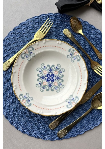 Krem Retro Çiçekli 6'lı Porselen Çukur Yemek Tabağı Takımı, 21 cm