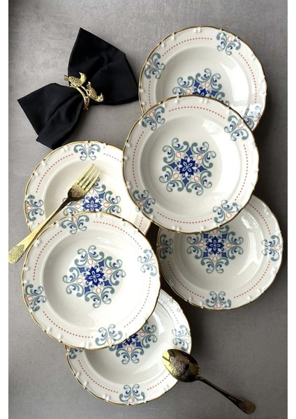 Krem Retro Çiçekli 6'lı Porselen Çukur Yemek Tabağı Takımı, 21 cm modelleri