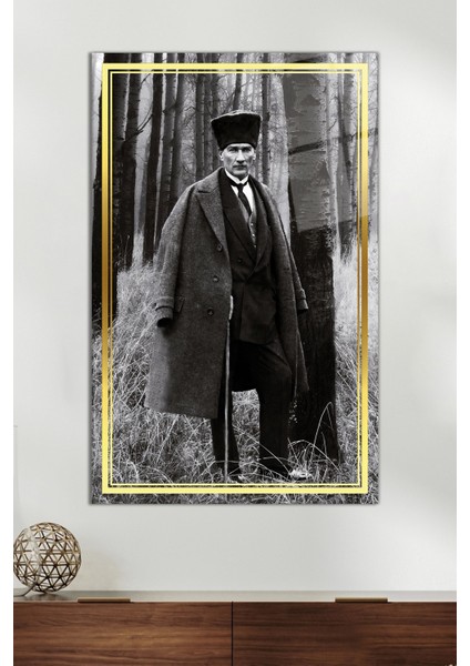 Gold Şeritli Gri Ormanda Atatürk Cam Tablo, Ev ve Ofis Dekoru, Hediyelik Duvar Dekorasyonu