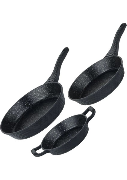 Döküm Granit 3 Parça Tava Sahan Seti, Siyah, 20-24-28CM modelleri