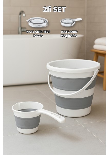 Akordiyon Yer Kaplamaz 2'li Banyo Seti - 13 Lt Katlanabilen Kova - Katlanır Maşrapa