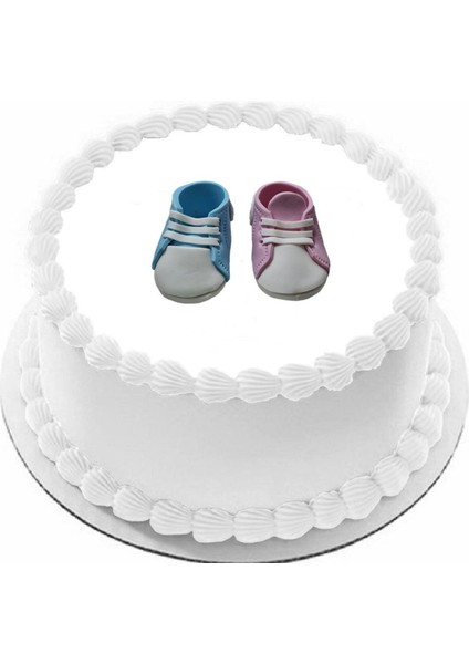 Şeker Hamurundan Pasta Tamamlayıcı Süs Mavi ve Pembe Bebek Ayakkabısı Cinsiyet Partisine Uygun