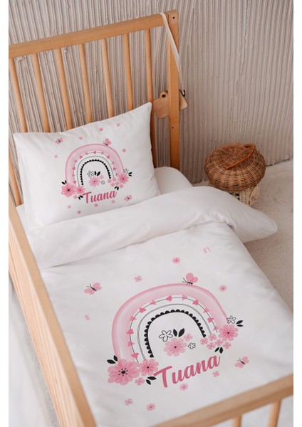 %100 Pamuk Saten Bebek Yatak Nevresim Takımı, Çiçekli, Pembe, Gökkuşağı, 100X150