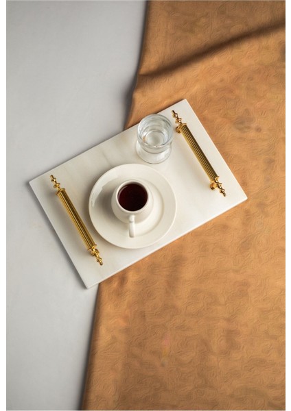 Mermer Damat Kahvesi Tepsisi ve Fincan Takımı, Metal Kulp, Şık ve Zarif Tasarım