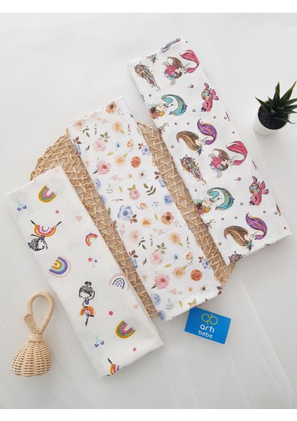 3’lü Renkli Müslin Örtü Seti, %100 Pamuk, Bebek Kundak, Omuz Bezi, Emzirme Örtüsü