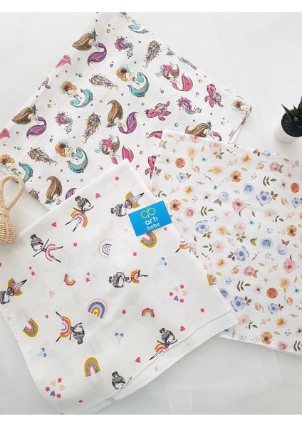 3’lü Renkli Müslin Örtü Seti, %100 Pamuk, Bebek Kundak, Omuz Bezi, Emzirme Örtüsü fiyatları