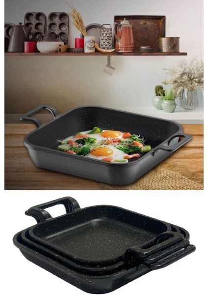 Siyah Granit Kaplama Kare Sahan Seti 3'lü 18-20-22 cm