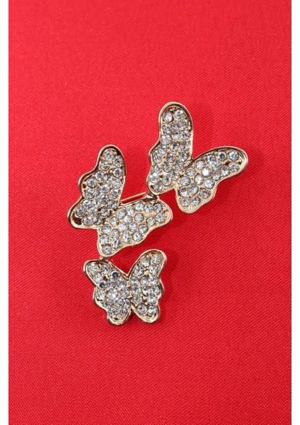 Gold Üçlü Kelebek Broş. Taşlı Tasarım Broş. Yaka Iğnesi Broş. Kadın Broş. Broş. Kelebek Broş.