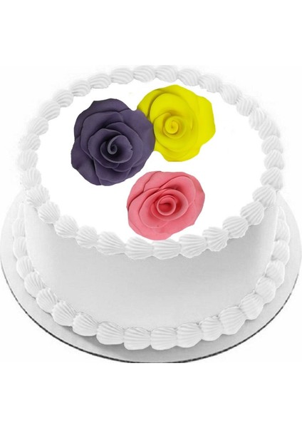 Yenilebilir Pasta Süslemesi Mor Sarı Pembe Şeker Hamurundan Gül 3 Adet Gelecek 4- 5 cm Ebatında