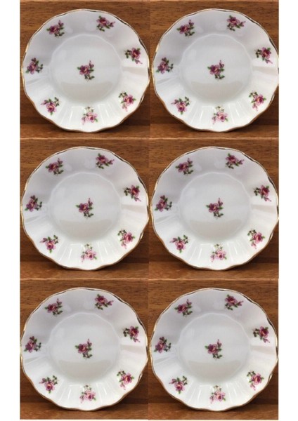6'lı Porselen Çay Tabağı Seti, Pembe Çiçek Detaylı, Şık ve Zarif Tasarım